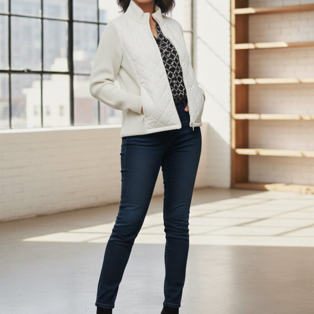 Croft & Barrow White Ribbed Knit Sweater Jacket